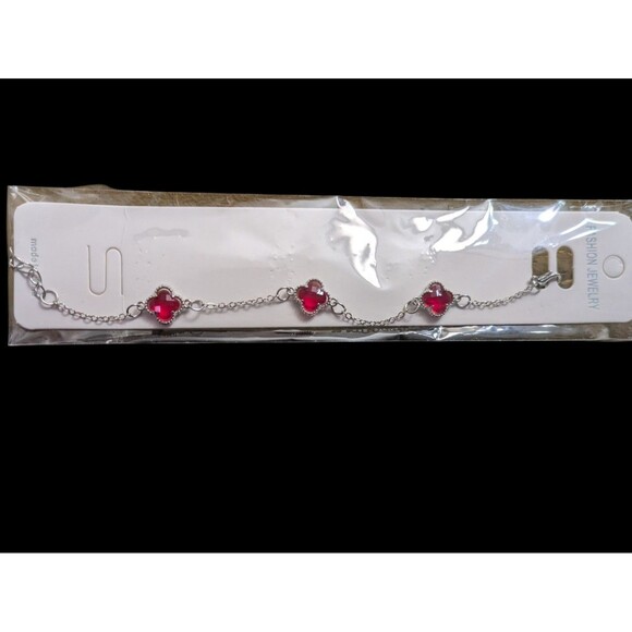 Accessories - Red Clover Charm Bracelet | Silver Tone Chain Jewelry